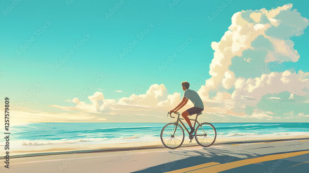 Fototapeta premium Illustration of a person riding a bicycle on the beach 