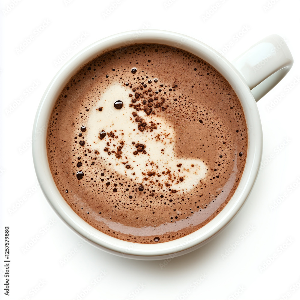 Top down view of Hot chocolate, isolated on white, drink setting Top down view of Hot chocolate, isolated on white, drink setting