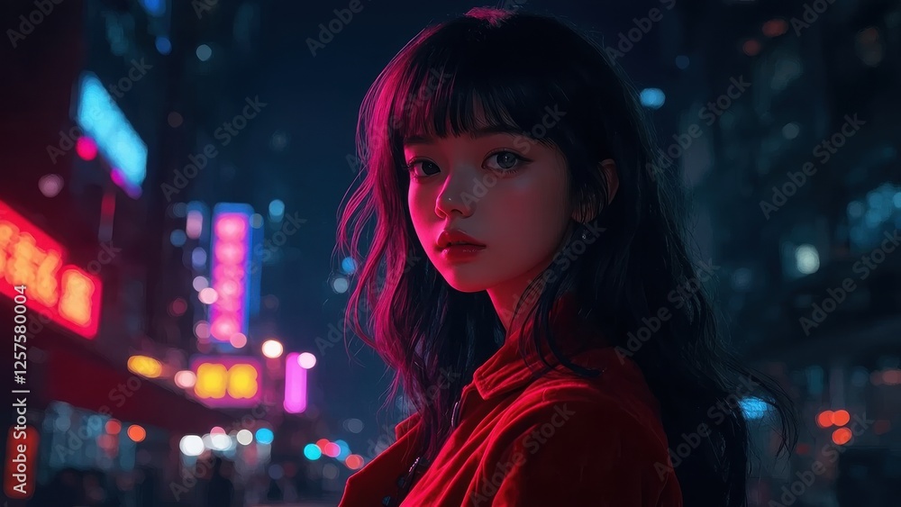 Young woman in vibrant city lights exploring urban nightlife during evening hours Young woman in vibrant city lights exploring urban nightlife during evening hours