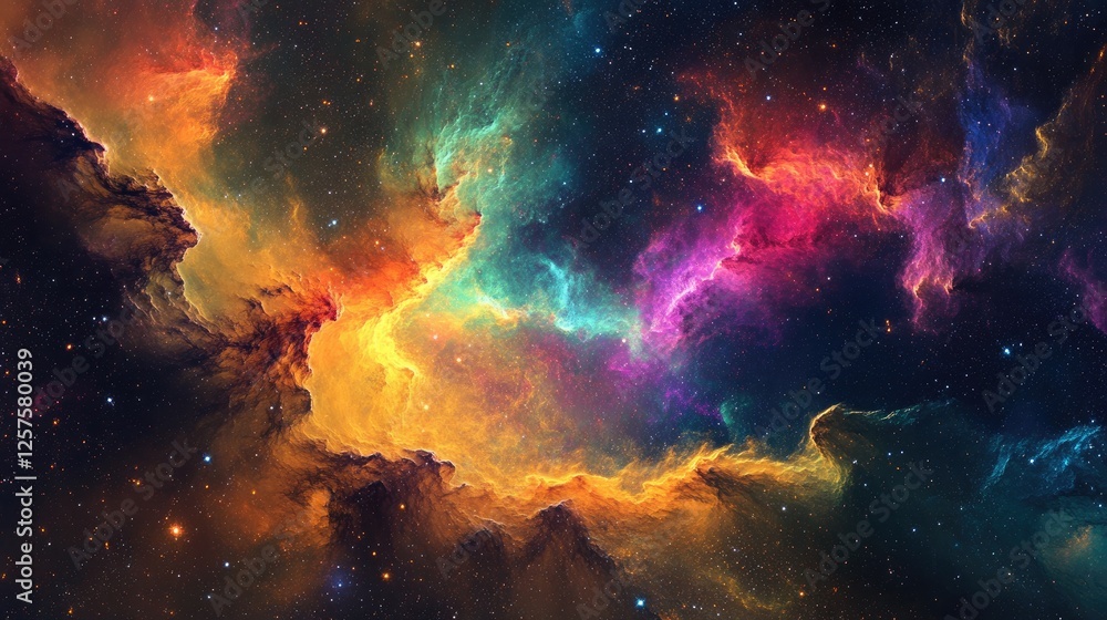 Fototapeta premium A colorful cosmic nebula with vibrant clouds of orange, pink, and blue, set a dark starry background. The abstract composition showcases a blend of light, texture, and glowing patterns. Generative AI