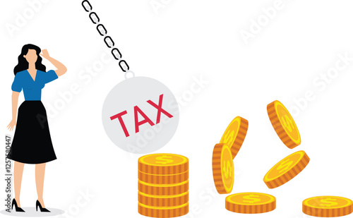 A businesswoman panics seeing a metal ball with tax written on it crushing a pile of coins. Illustration for paying taxes, tax deductions, taxable income