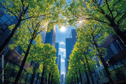 In Otemachi Marunouchi, Tokyo's cityscape is dominated by towering buildings, surrounding a lush expanse of fresh green foliage photo