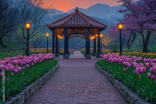 Spring arrives as a garden bed is filled with a multitude of blooming tulips photo