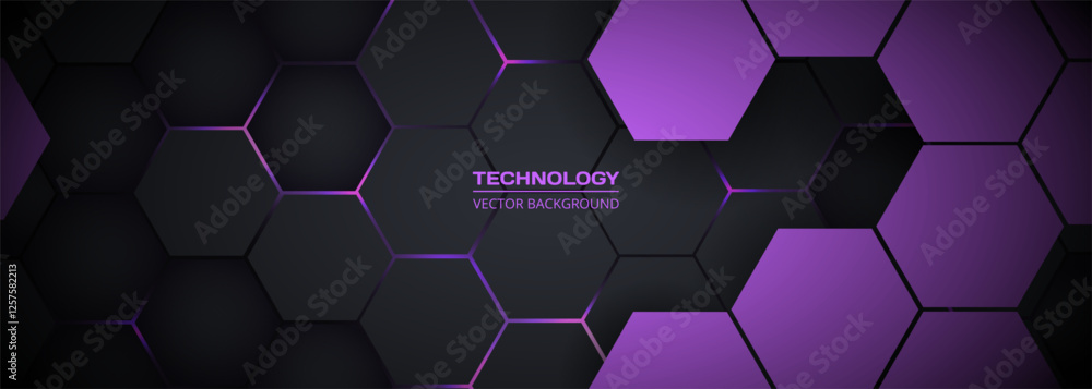 Dark purple hexagonal technology horizontal abstract vector background. Purple and pink bright energy flashes under hexagon in futuristic modern technology wide banner. Dark honeycomb 3D texture.