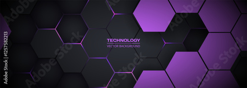 Dark purple hexagonal technology horizontal abstract vector background. Purple and pink bright energy flashes under hexagon in futuristic modern technology wide banner. Dark honeycomb 3D texture.