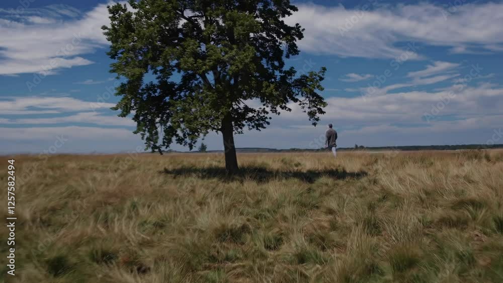 Wide-angle video capturing a vast grassy field under a clear blue sky with scattered clouds, evoking a sense of freedom and tranquility. Wide-angle video capturing a vast grassy field under a clear blue sky with scattered clouds, evoking a sense of freedom and tranquility.