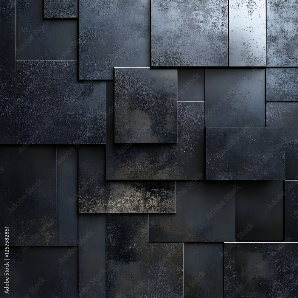 Abstract Metal Geometry: A mesmerizing arrangement of square and rectangular metal panels, each subtly textured with a distressed finish, create an intricate abstract pattern in shades of dark grey.