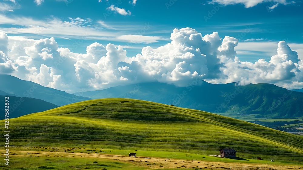 Fototapeta premium Verdant hillside under a dramatic sky with distant mountains and a small cabin.