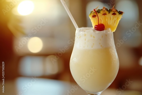 Refreshing creamy pina colada cocktails with swirl of coconut cream tropical bar beverage photography bright atmosphere close-up view summer vibes and beach concept photo