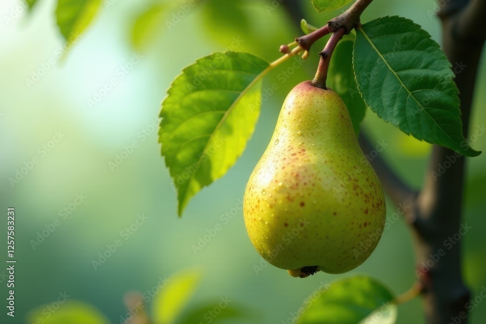 A single ripe pear hangs from a branch, glistening with morning dew, surrounded by vibrant green foliage in a tranquil orchard setting. A single ripe pear hangs from a branch, glistening with morning dew, surrounded by vibrant green foliage in a tranquil orchard setting.