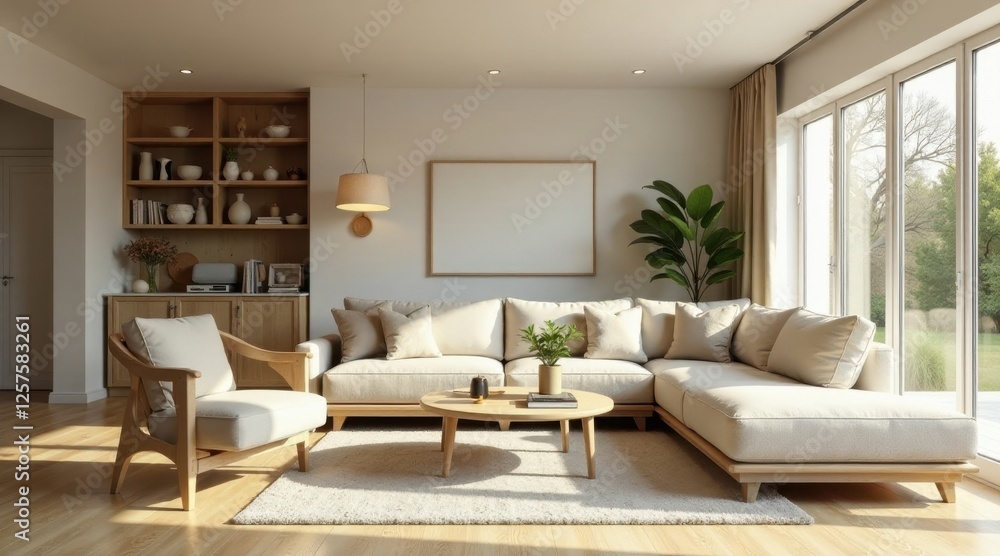 Fototapeta premium Serene Minimalist Living Room with Natural Light and Neutral Tones Featuring a Comfortable Sectional Sofa and Stylish Wooden Accents