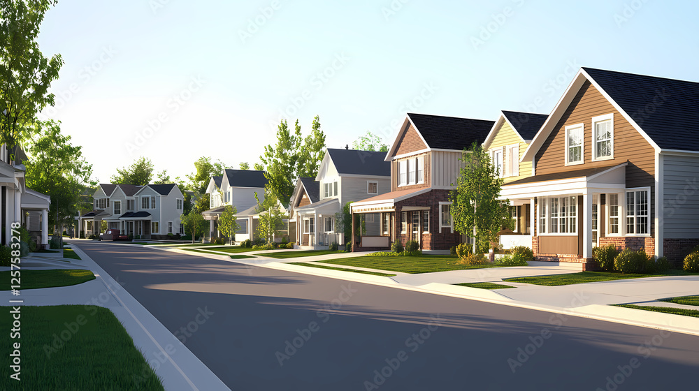 Several modern homes line a quiet street under a clear blue sky Several modern homes line a quiet street under a clear blue sky