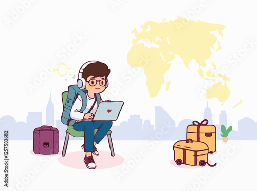 Global Remote Work Trend: Digital Nomad Traveling Illustration