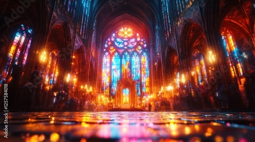 Illuminated Gothic Cathedral Interior with Stained Glass photo