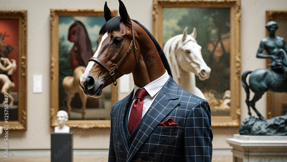 Obraz premium A Confident Horse in a Tailored Suit Standing Proudly in a Stylish Urban Setting with a Dapper Appearance