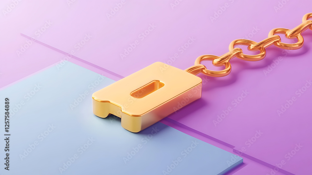 Fototapeta premium Creative gold chain link with paper on purple background graphic design minimalist stylish modern art