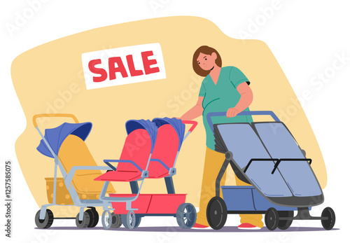 Pregnant woman cartoon character choosing perambulator for twins enjoying shopping routine