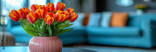 A cluster of pink tulips is arranged in a vase on a wooden table inside a room