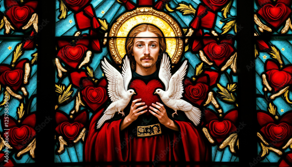 Naklejka premium Jesus Christ Holding Red Heart in Stained Glass