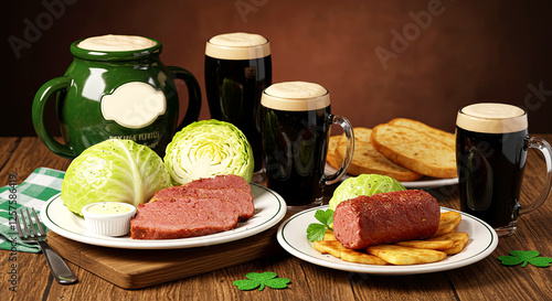 Traditional dishes and drinks, corned beef, cabbage, and glass of stout, on wooden table photo