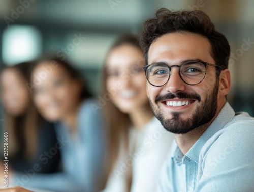 Smiling man in glasses with colleagues