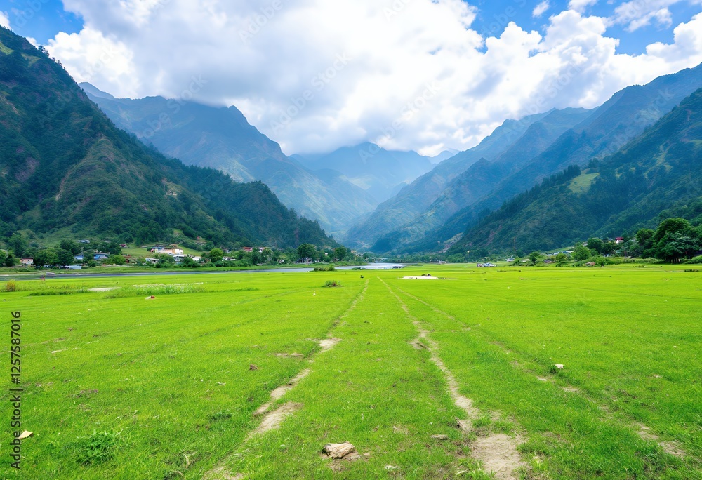 Obraz premium Serene Green Valley: Majestic Mountain Range and Tranquil Pasture Landscape