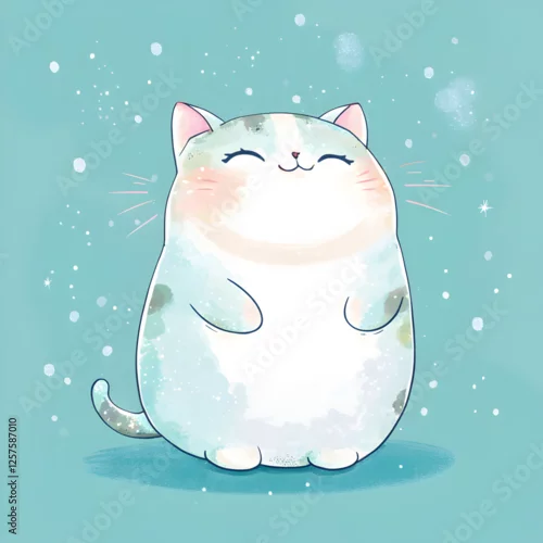 Obraz Happy Kitty: A chubby and contented cat basks in a delightful flurry of white dots, radiating pure joy and fluffy charm.