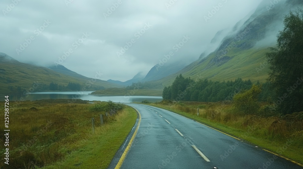 Naklejka premium Empty road leading through misty hills with trees and a small lake in the background. Foggy weather creating a serene and mysterious atmosphere. Nature and solitude concept. Generative AI