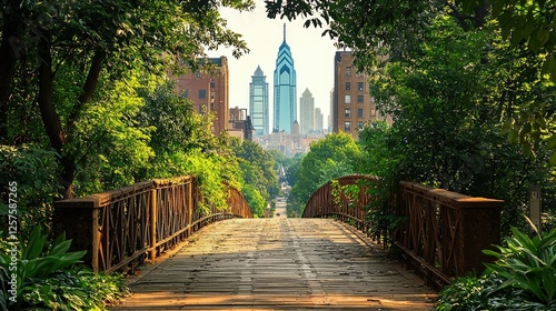 A City Skyline Viewed From A Rustic Bridge photo