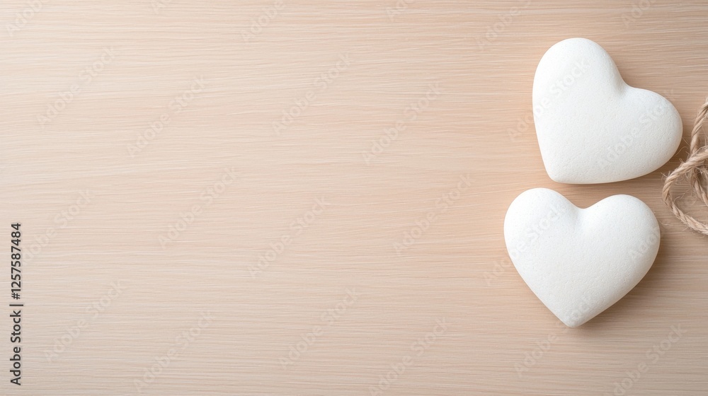 Two white ceramic hearts on a wooden surface Two white ceramic hearts on a wooden surface