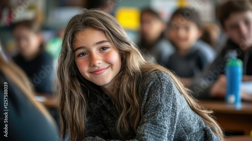 Wallpaper Mural Young student smiles while engaging with classmates during a classroom activity in the morning Torontodigital.ca
