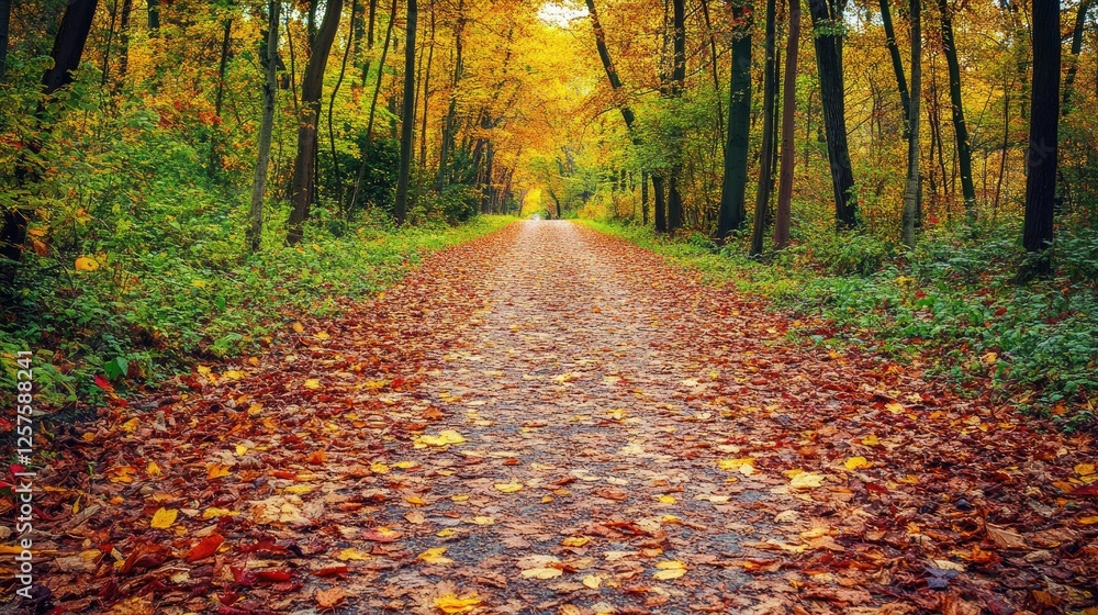 Obraz premium Path through a forest covered with orange and yellow leaves during autumn. Tall trees with vibrant foliage line the way under soft natural light, creating a peaceful atmosphere. Generative AI