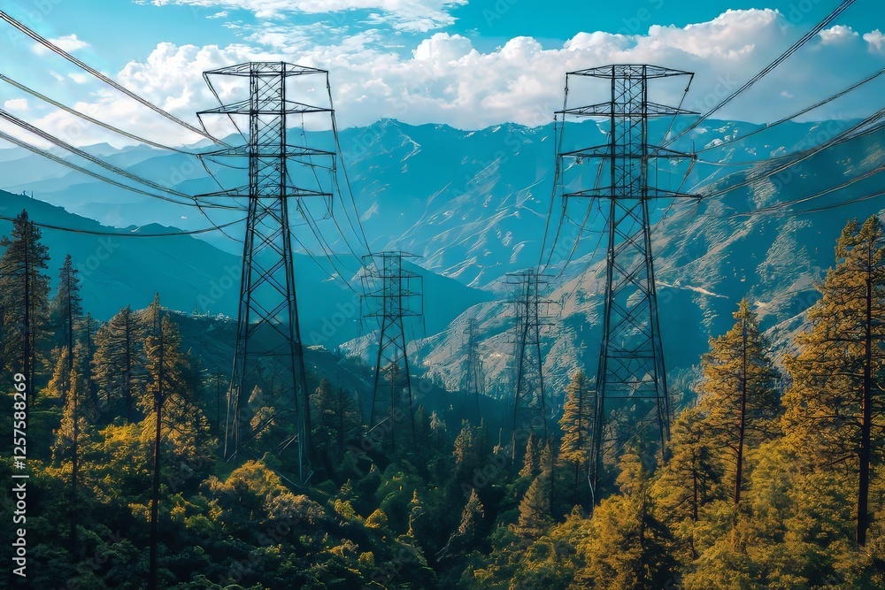 Transmission towers stand tall against a clear blue backdrop in a horizontal color shot Transmission towers stand tall against a clear blue backdrop in a horizontal color shot
