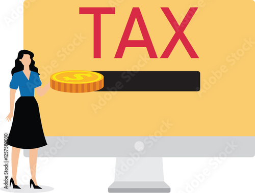 A businesswoman inserts a coin into a screen that says tax. Illustration for paying taxes, tax deductions, taxable income