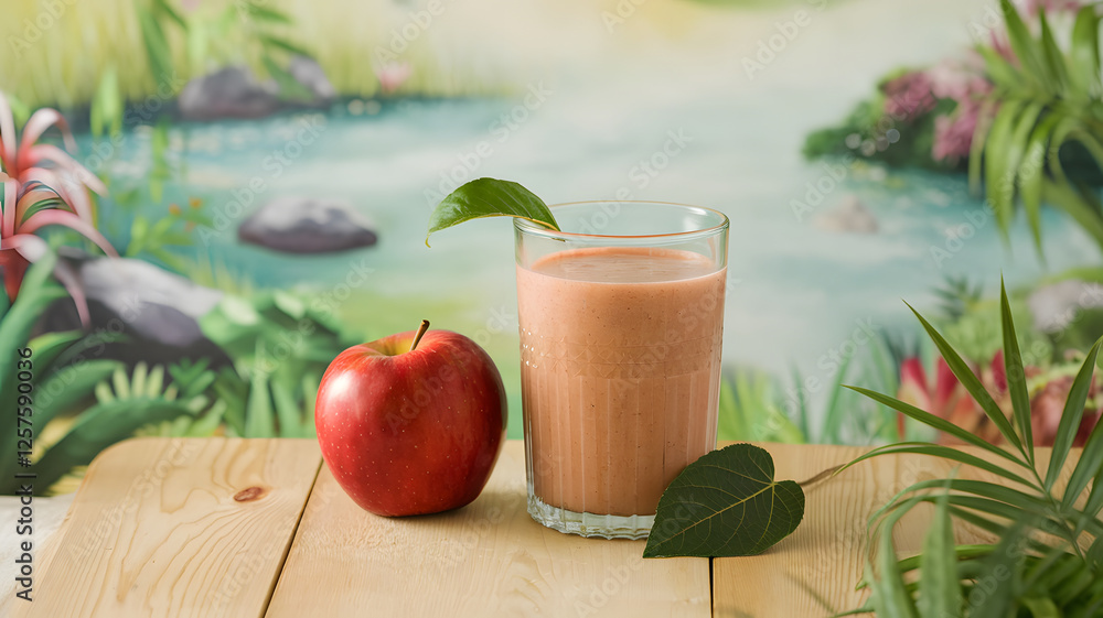 Fototapeta premium A close-up of a glass of red apple smoothie with a fresh red apple on a table, surrounded by a soft, vibrant nature background, ideal for healthy food and lifestyle concepts.