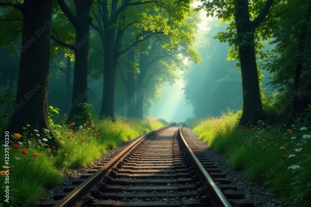 Fototapeta premium Serene Railway Through Sun-Dappled Forest, Lush Greenery and Vibrant Wildflowers Line the Tracks, a Path Leading to a Mystical Horizon