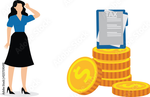 A businesswoman scratches his head looking at tax paper on top of coins. Illustration for paying taxes, tax deductions, taxable income