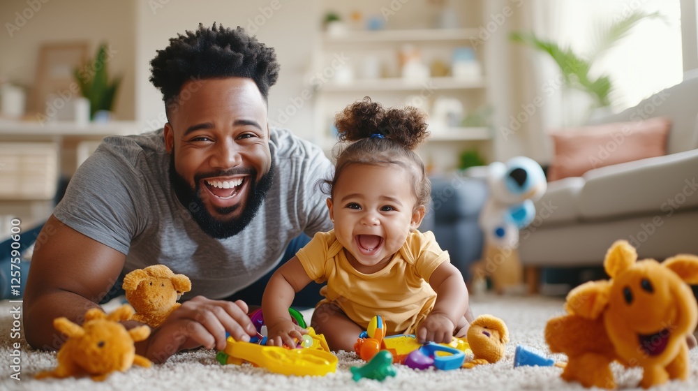 Fototapeta premium Joyful father and baby playing together on the floor with colorful toys in a bright and cozy living room filled with warmth and happiness