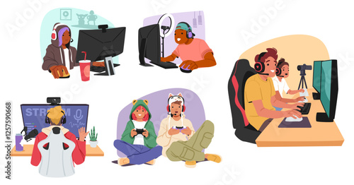 Teenage streamer teenage cartoon characters playing video games making content for vlog set