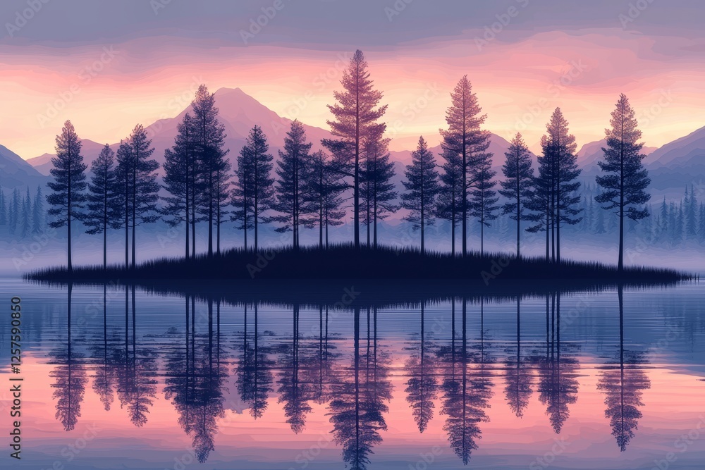 Fototapeta premium A minimalist landscape illustration with trees at the water's edge, depicted in black, white, orange, and purple hues