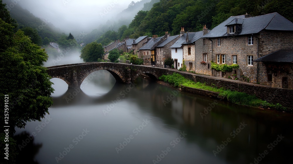 Misty river village, stone bridge, morning fog, scenic valley, travel postcard Misty river village, stone bridge, morning fog, scenic valley, travel postcard