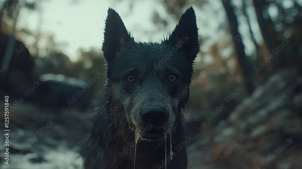 Naklejka premium Aggressive rabid dog snarling with frothy saliva, intense eyes, and raised fur, isolated on a blurred background. Concept of danger, wild animal behavior, and rabies awareness