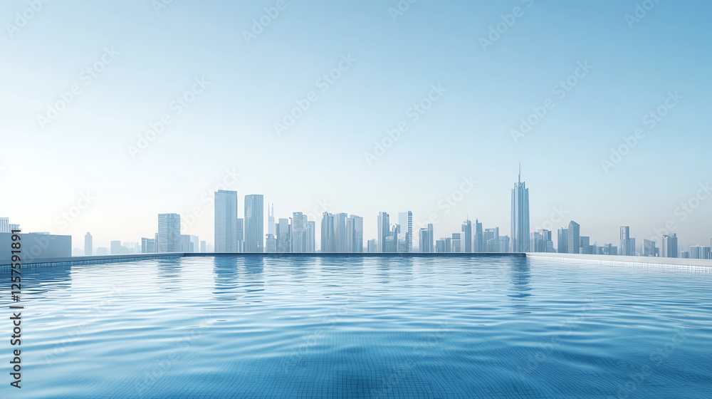 A serene skyline view over a tranquil infinity pool, reflecting a clear blue sky and modern architecture. A serene skyline view over a tranquil infinity pool, reflecting a clear blue sky and modern architecture.