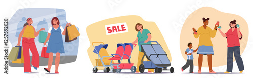 Pregnant women enjoying fashion shopping, buying pram with sale, choosing footwear for newborn