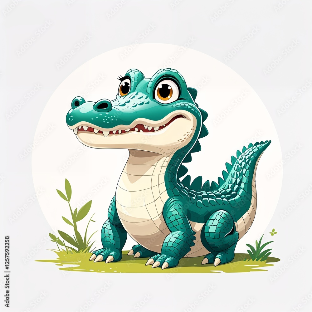 Fototapeta premium Cute white crocodile cartoon illustration on plain white background