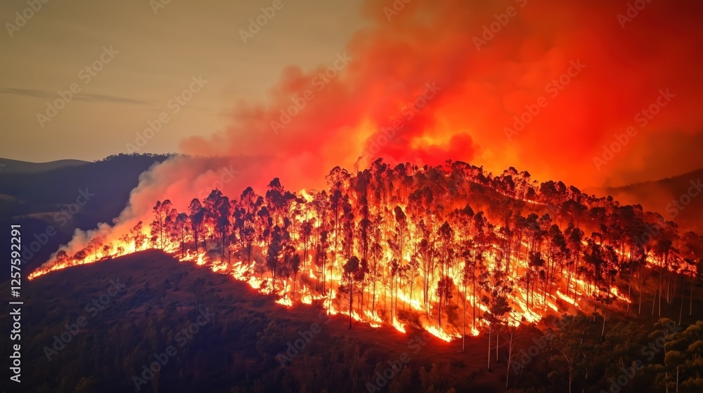 Fototapeta premium Dramatic Wildfire Erupting in Eucalyptus Forest with Bright Flames and Smoky Skies at Dusk Capturing Nature's Ferocity