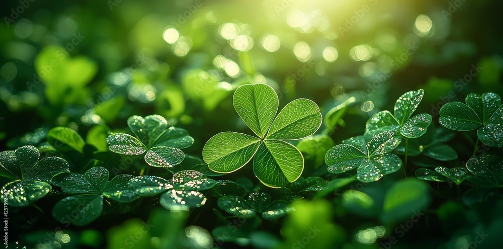 A four-leaf clover adorned with dewdrops, set against a blurred green backdrop A four-leaf clover adorned with dewdrops, set against a blurred green backdrop