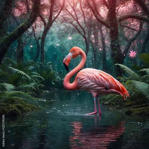 A surreal pink flamingo ascends over a magical forest, where emerald leaves shimmer under celestial light, with a white background.