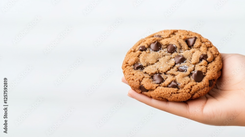 A hand holding a chocolate chip cookie on a white background A hand holding a chocolate chip cookie on a white background