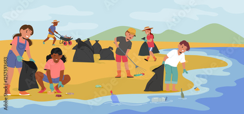 Little school kids cartoon characters cleaning beach from garbage preventing seacoast pollution